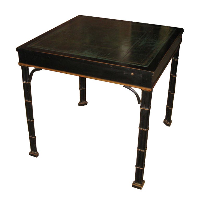 Great looking faux bamboo chinese chippendale style green leather top table with pull outs and worn painted finish