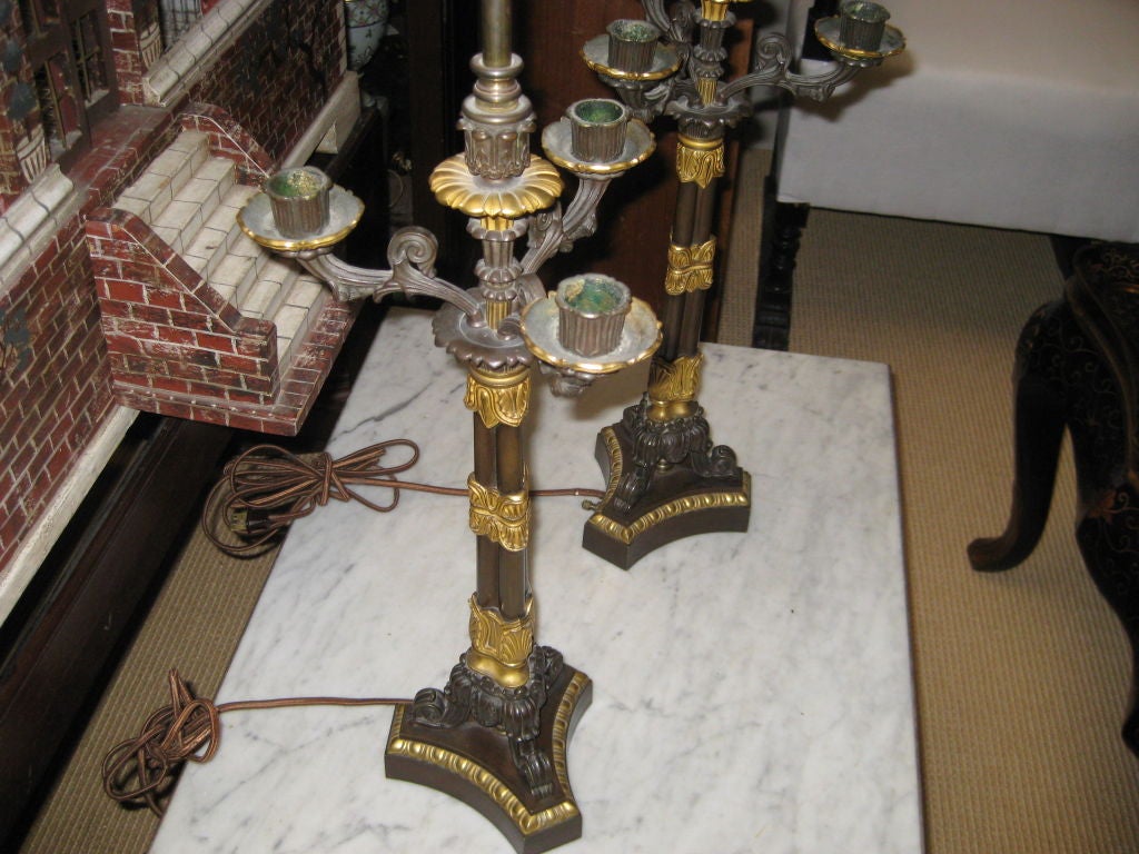 Pair of Empire Bronze Candelabra Lamps