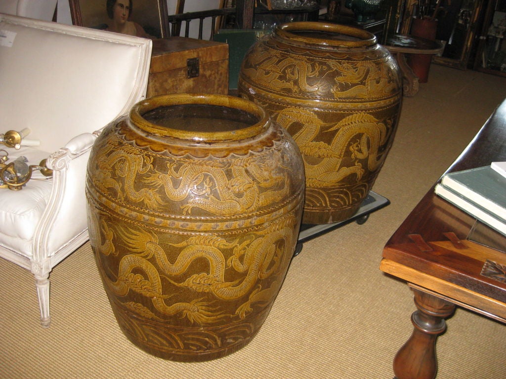 Large pair of Brown and Light Brown asian glazed ceramic pots