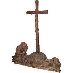 Early Carved Wood Cross and Figure