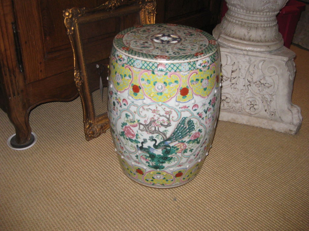 beautiful antique chinese porcelain garden seat with great color and fine detailed enamel decoration.