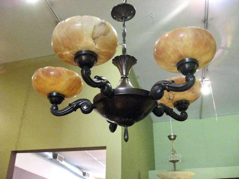 Swedish Art Deco/Neo-Classical Hanging Fixture in Metal and Alabaster In Good Condition In Richmond, VA