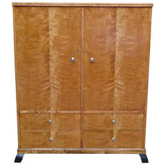 Antique Swedish Art Deco Storage Cabinet in Bookmatched Golden Flame Birch