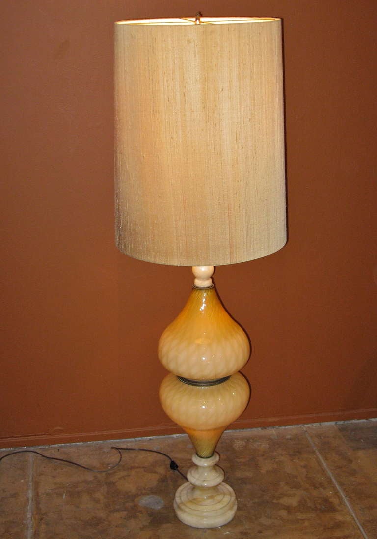 Mid-twentieth century standing floor lamp in glass and alabaster. There is interior lighting inside the two glass bowls as well at at the top of the lamp. Completely rewired for US use. New shade covered in gold dupioni silk. 
Light level is