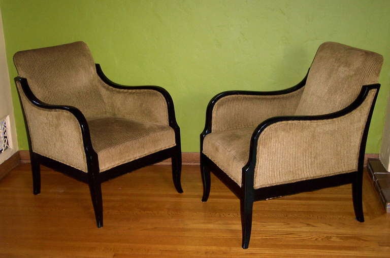 Pair of Swedish art moderne era (ca. 1940)  bergeres in ebonized birch wood. 
Restored and reupholstered in gold ribbed velvet.

The price listed is the FINAL NET price, which reflects a 50% reduction-extended through the Svenska Mobler closing