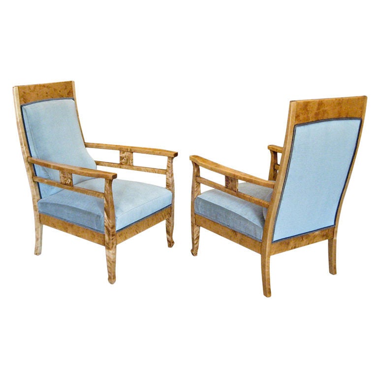 Pair of Swedish Arts & Crafts Armchairs in Golden Birch