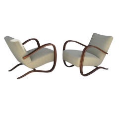 Pair of Thonet, Prague Bent Wood Upholstered Chairs by Halabala