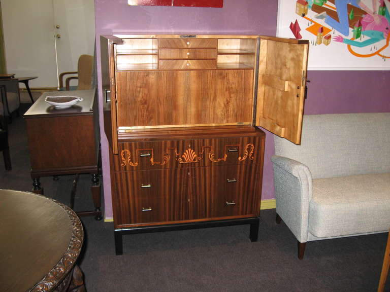 Mid-20th Century Swedish Art Deco Inlaid Secretaire or Chest of Drawers by SMF