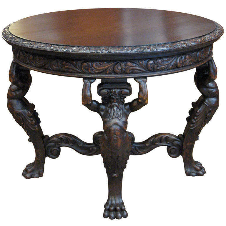 Danish Neo-Gothic (we are guessing that this is Ulysses) center table hand carved in oak. Crafted approximately ca. 1890. Plaque beneath top reads Lysberg + Hansen, Brogade, Kobenhavn.

The price listed is the FINAL NET price, which reflects a 50%