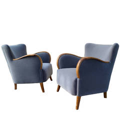 Pair of Swedish Art Deco Armchairs in Golden Birch Wood and Gray Velvet