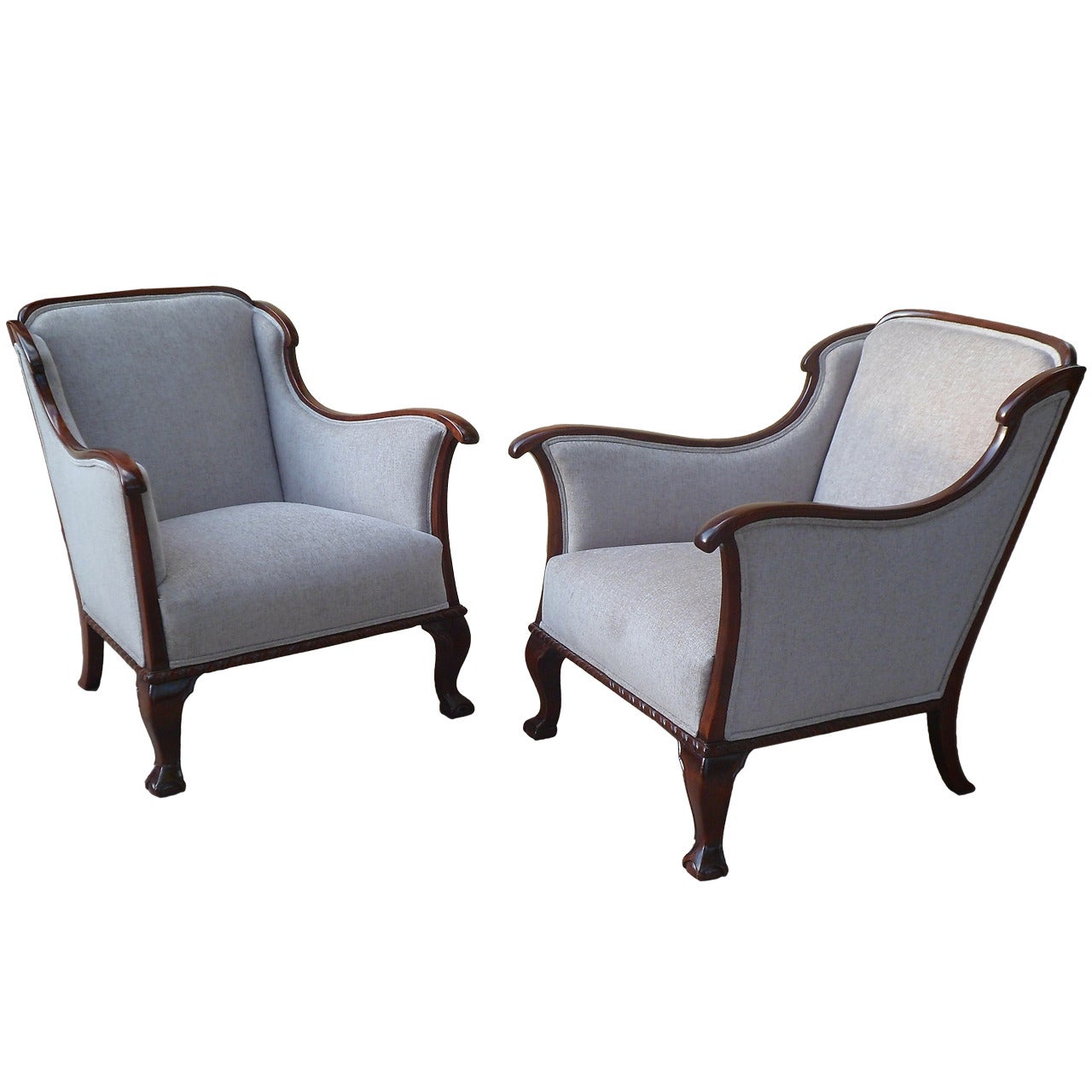 Pair of Swedish Art Nouveau Armchairs in Taupe Velvet, circa 1910