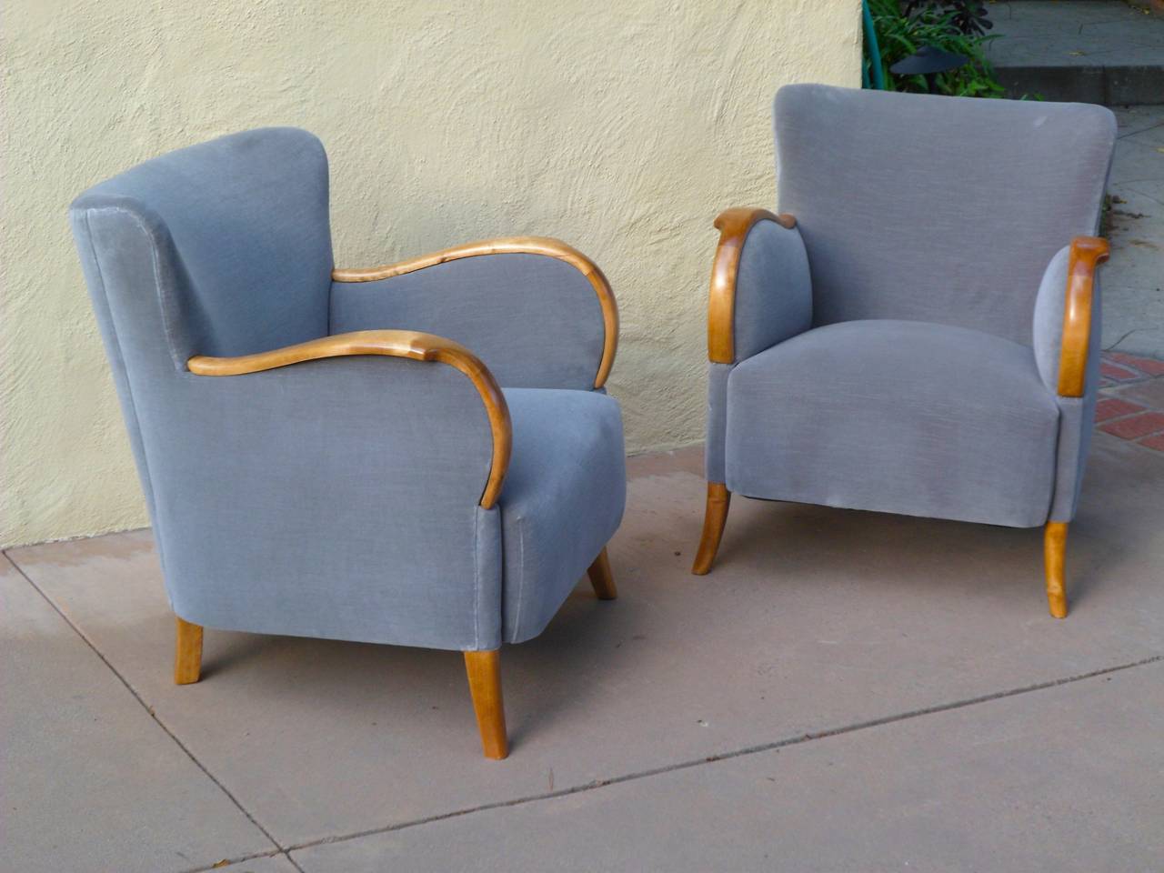 Pair of Swedish Art Deco Armchairs in Golden Birch Wood and Gray Velvet 1