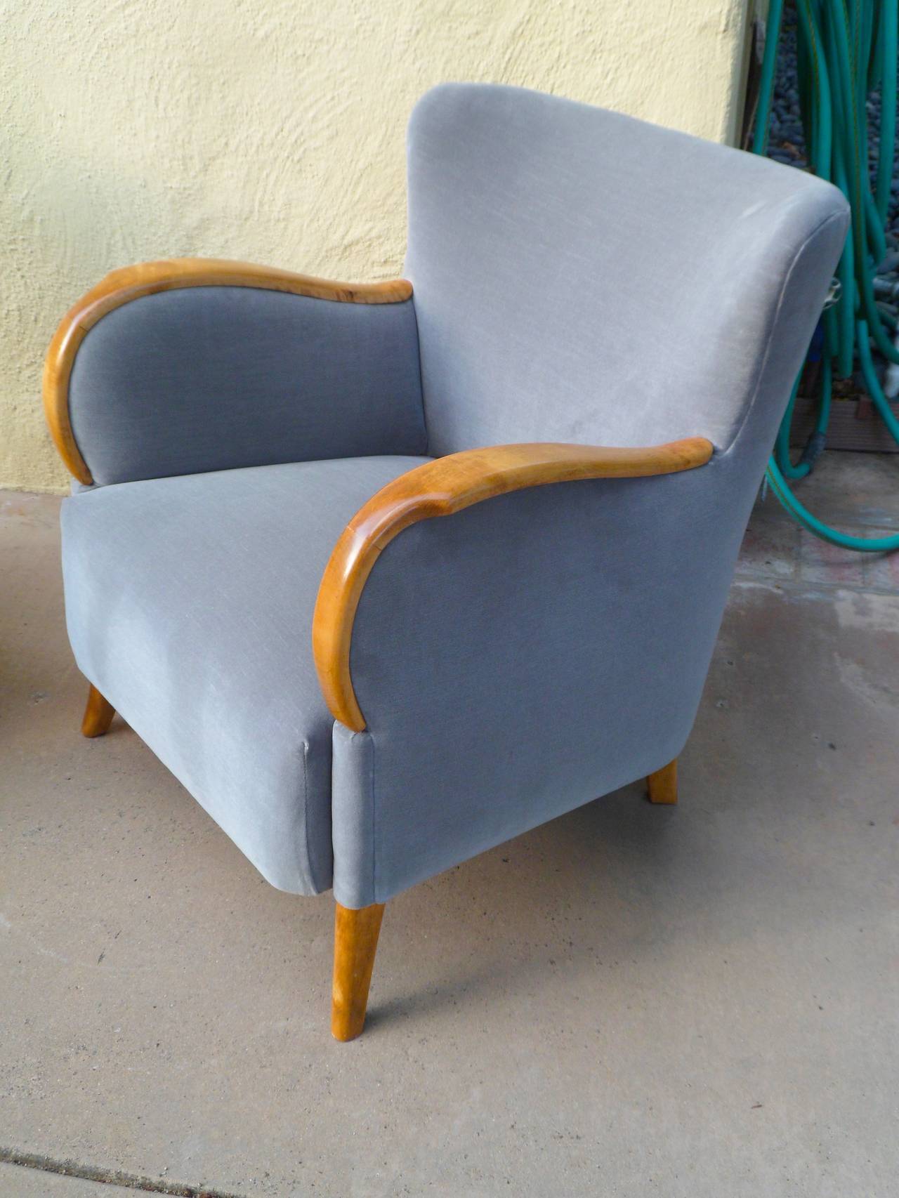 Pair of Swedish Art Deco Armchairs in Golden Birch Wood and Gray Velvet 3