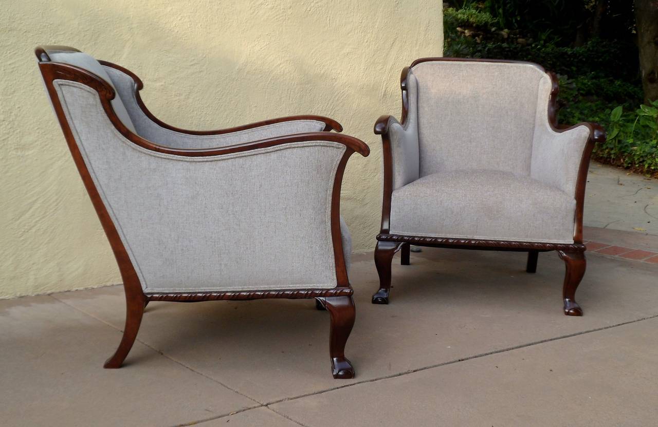 Pair of Swedish Art Nouveau armchairs ca. 1910. Frame in solid stained birch wood. Wood has been restored. Reupholstered in taupe velvet.
The price listed is the final net price, which reflects a 50% reduction-extended through the Svenska Mobler