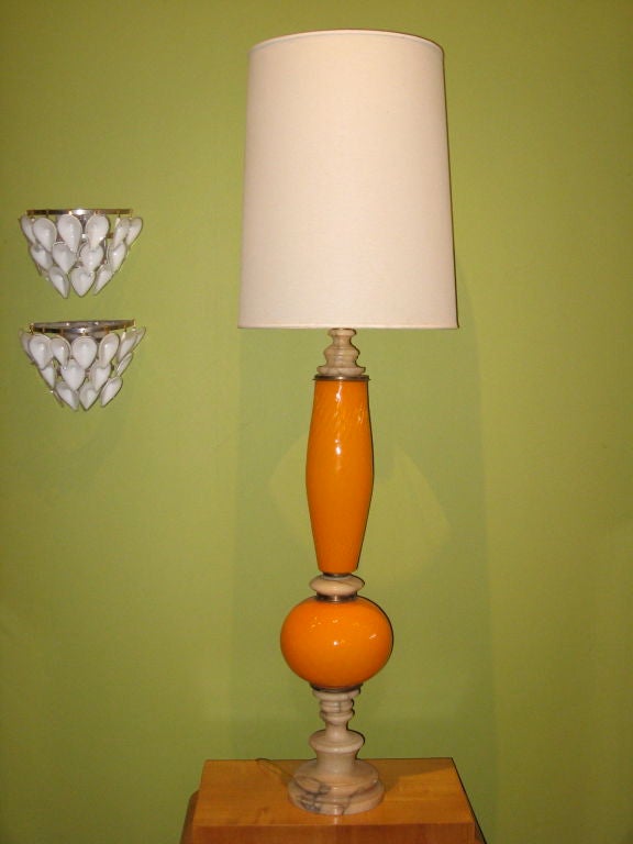 Argentine Mid-Century Floor Lamp in Marble and Orange Glass 2