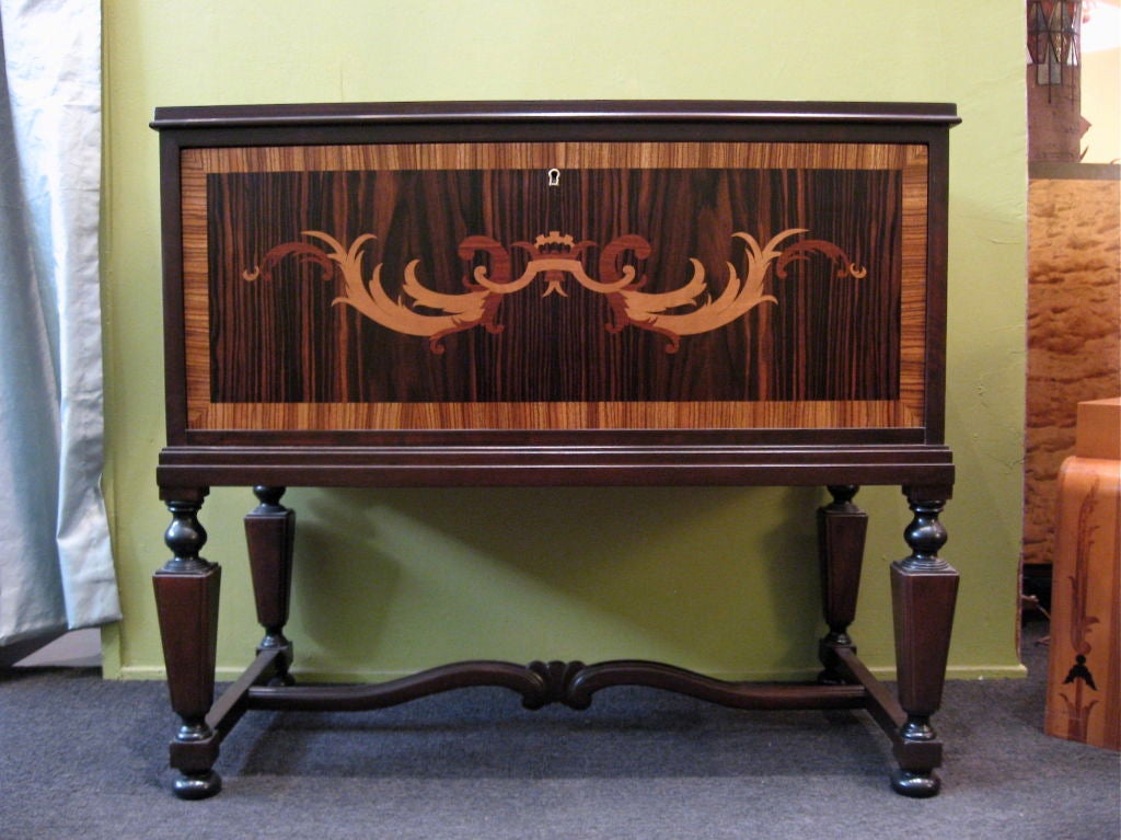 Swedish neo-classical inlaid bar / cabinet in zebrano and rosewood with birch wood case and mixed wood inlay. Made at SMF, Bodafors ca 1930.

The price listed is the FINAL NET price, which reflects a 50% reduction-extended through the Svenska