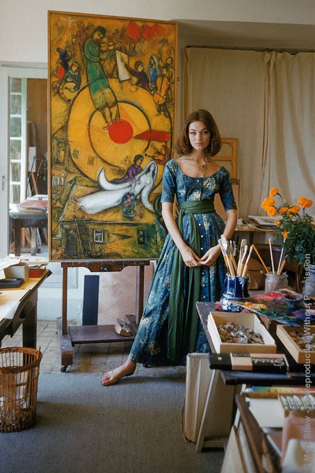 Captured by legendary photographer Mark Shaw for a 1955 story in LIFE Magazine is a portrait of Model Ivy Nicholson in the studio of Marc Chagall in Venice, France. This LIFE story featured artists and their textile designs for US firm Fuller