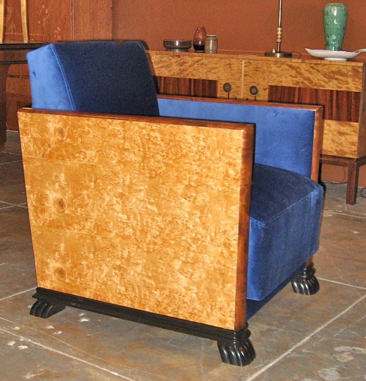 Extremely unusual Swedish art deco/cubist panneled upholstered chair. Wood in flame birch and Karelian birch wood. Modernist/neo-classical feet. Completely refinished and reupholstered in electric blue velvet