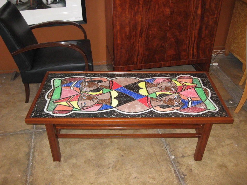Danish mid-century coffee table with mahogany base. Top in inset glass mosaic with glass top. 

