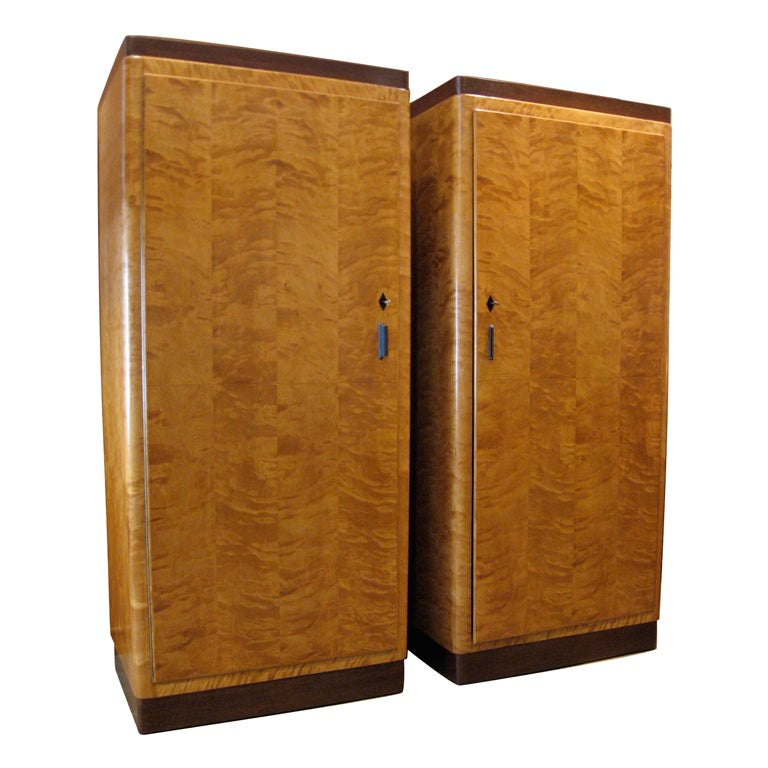 Pair of Large Swedish Art Moderne Armoires in Flame Birch