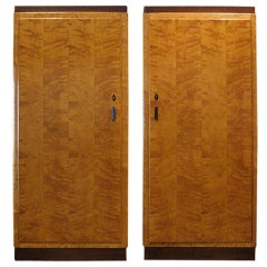 Pair of Large Swedish Art Moderne Armoires in Flame Birch