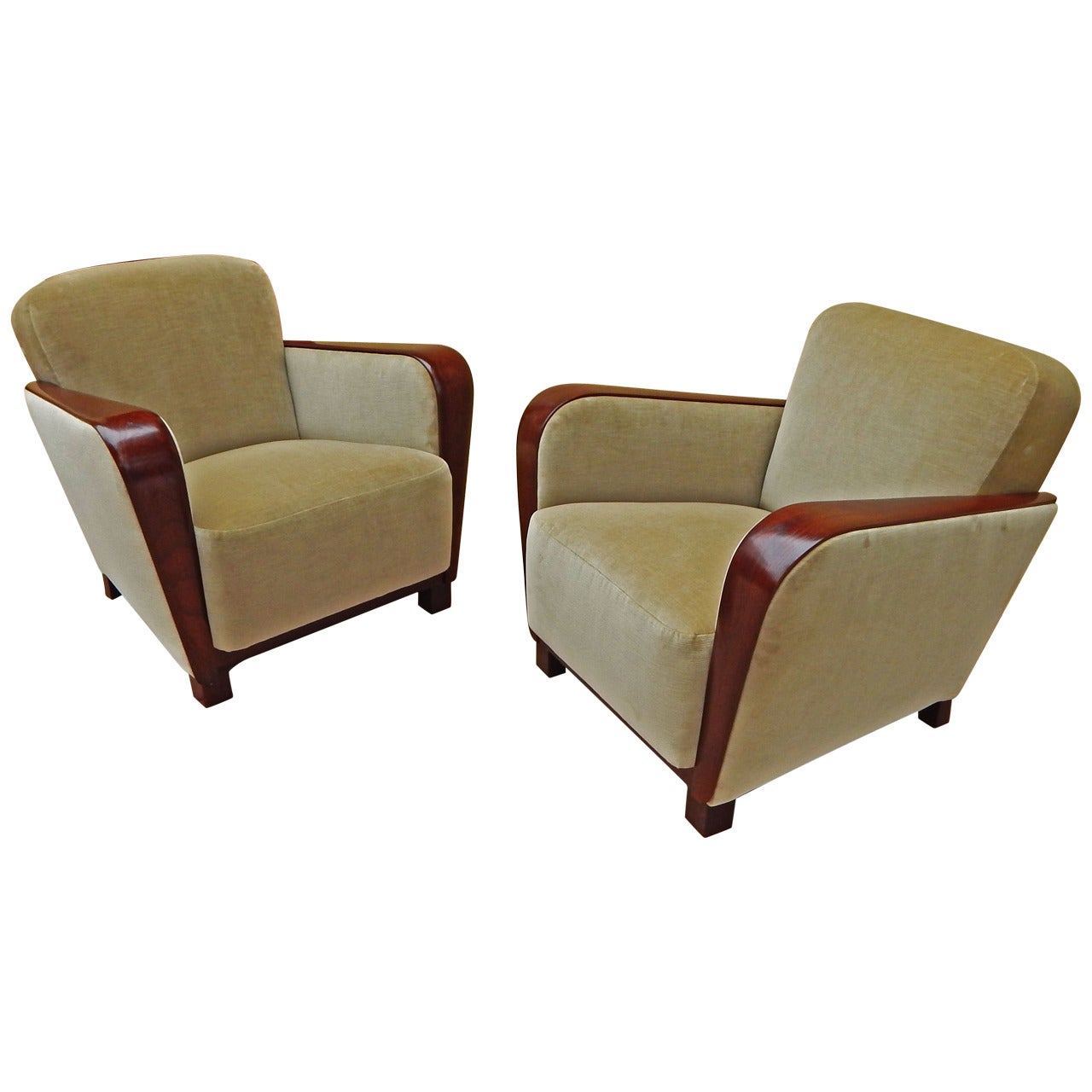 Pair of Swedish Art Moderne Armchairs with Paneled Wood Arms