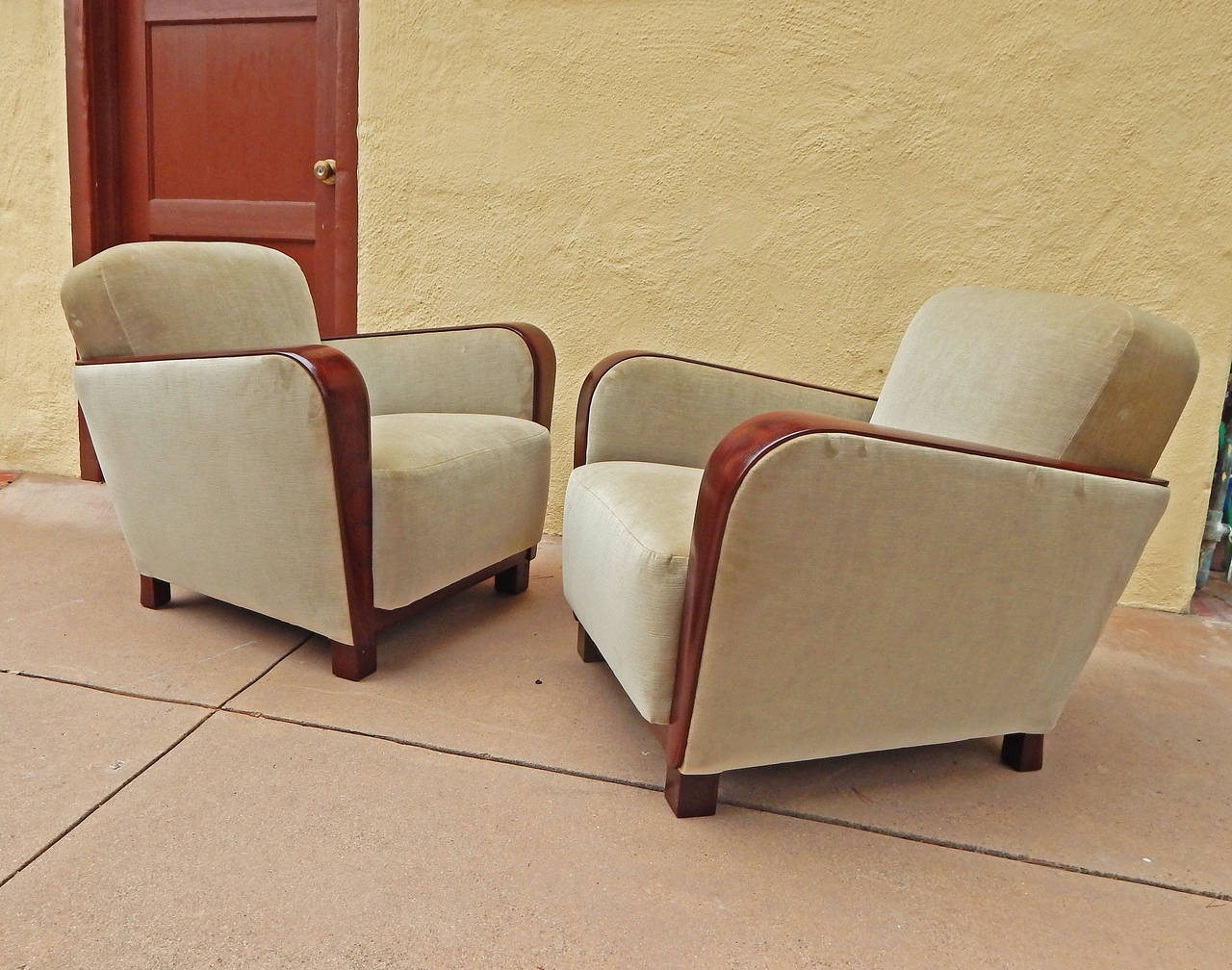 Art Deco Pair of Swedish Art Moderne Armchairs with Paneled Wood Arms