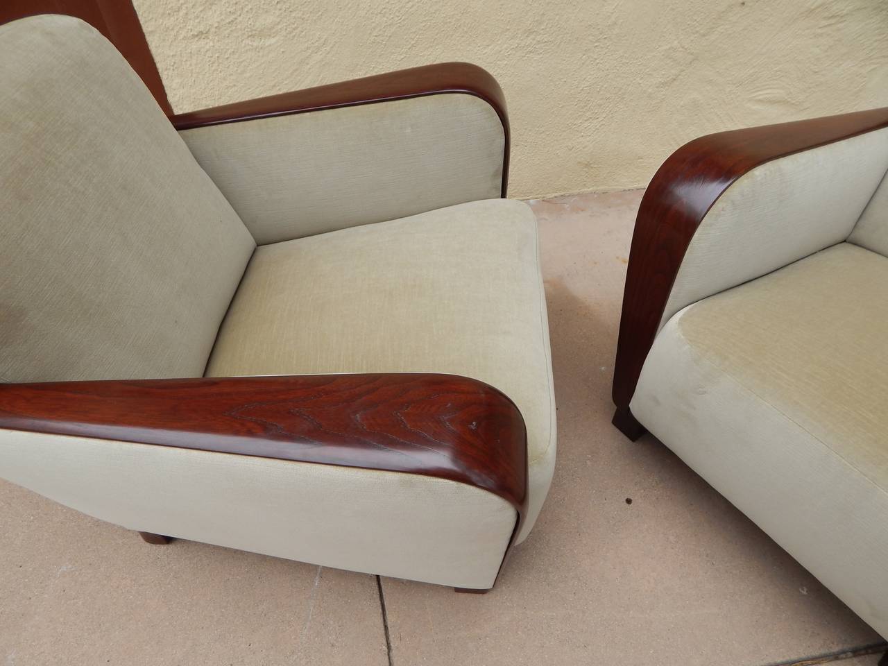 Mid-20th Century Pair of Swedish Art Moderne Armchairs with Paneled Wood Arms