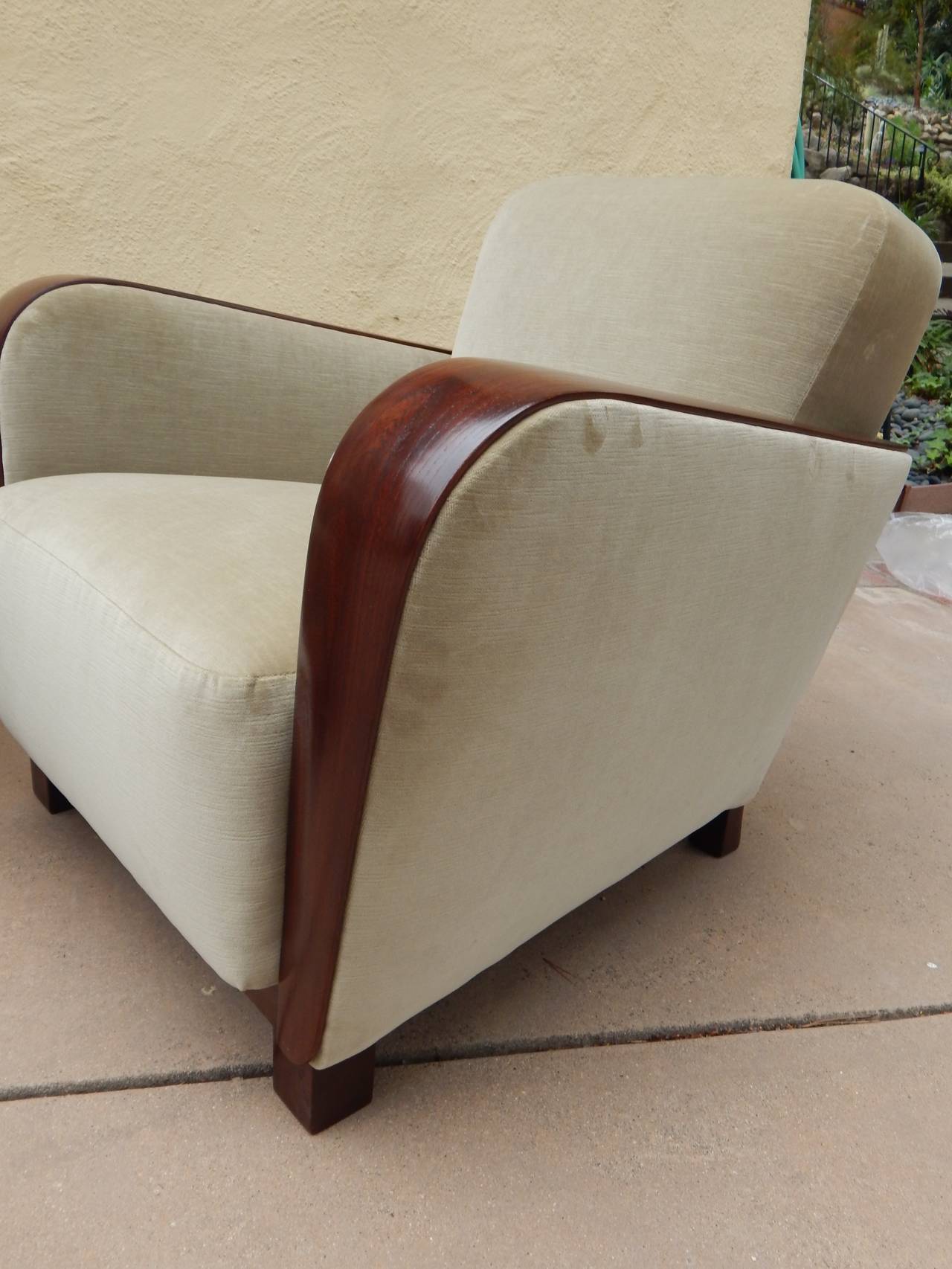 Pair of Swedish Art Moderne Armchairs with Paneled Wood Arms In Excellent Condition In Richmond, VA