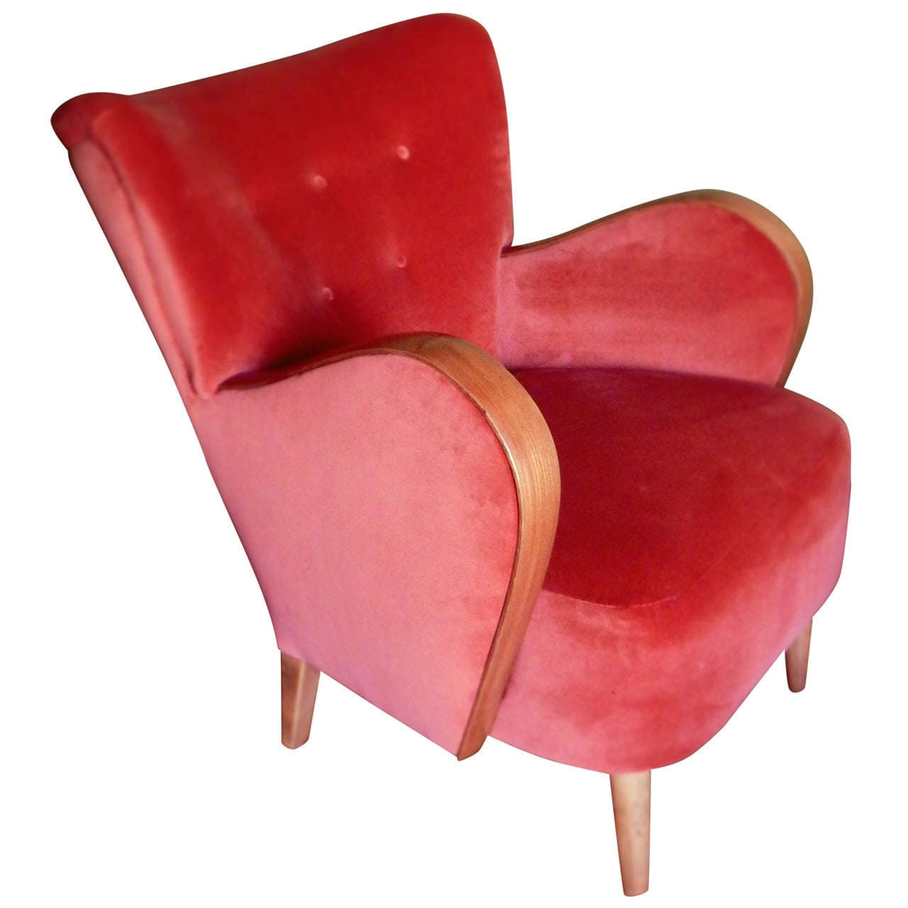 Swedish Modernist Wingback Chair in Orange Velvet, circa 1940 For Sale