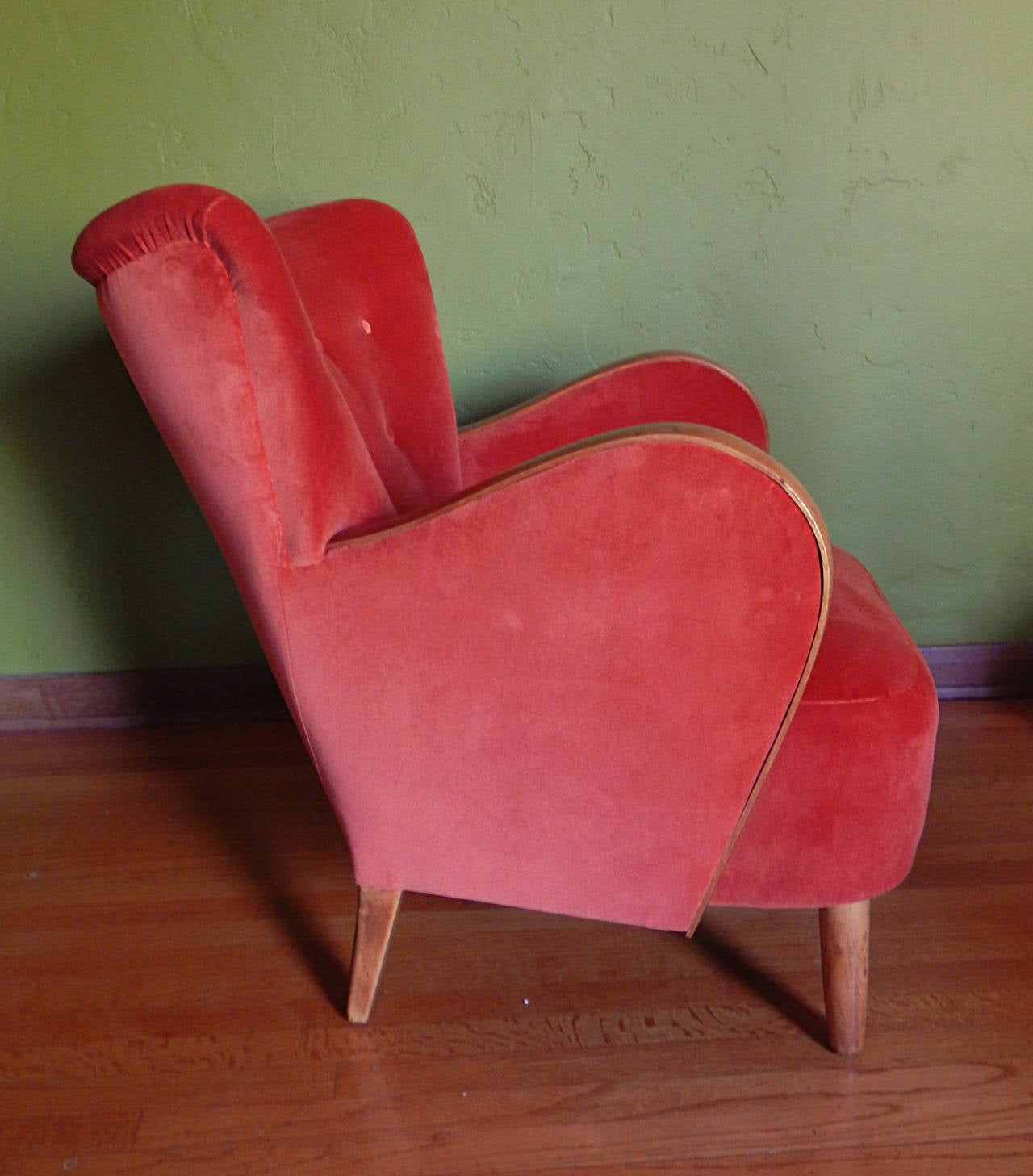 Art Deco Swedish Modernist Wingback Chair in Orange Velvet, circa 1940 For Sale