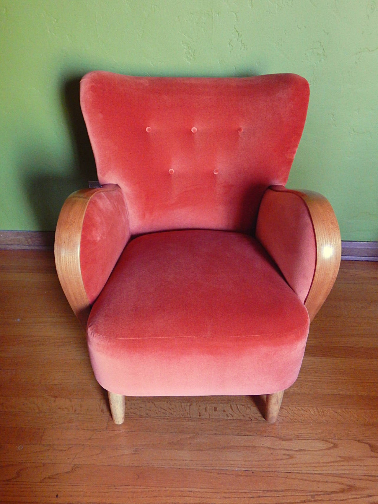 Swedish Modernist Wingback Chair in Orange Velvet, circa 1940 In Excellent Condition For Sale In Richmond, VA