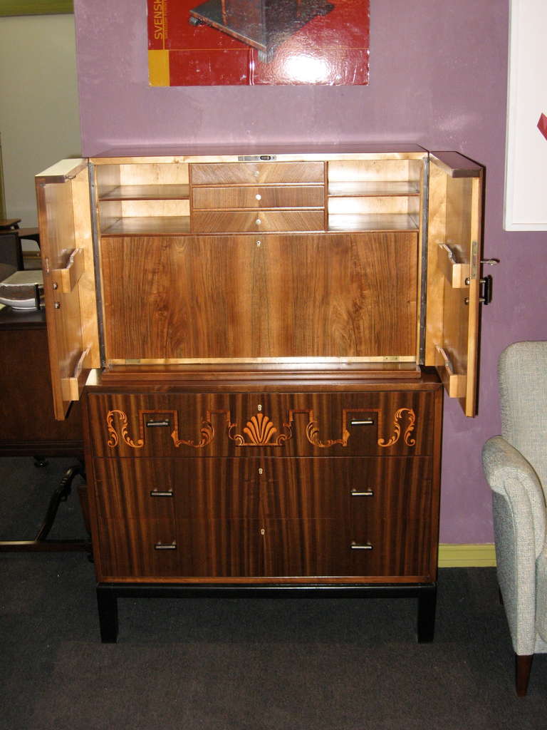 Mid-20th Century Swedish Art Deco Inlaid Secretaire or Chest of Drawers by SMF
