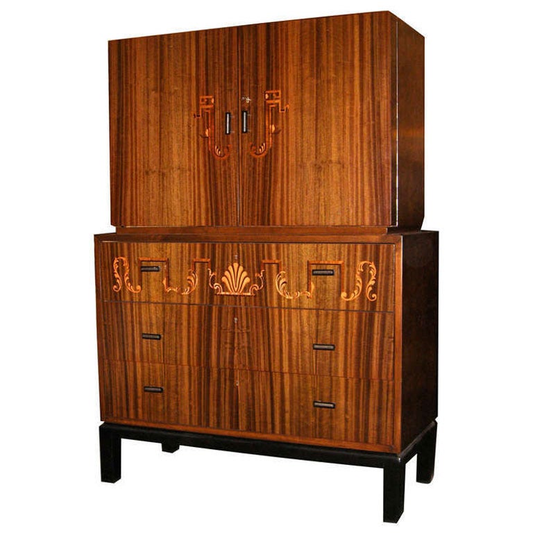 Swedish Art Deco Inlaid Secretaire or Chest of Drawers by SMF