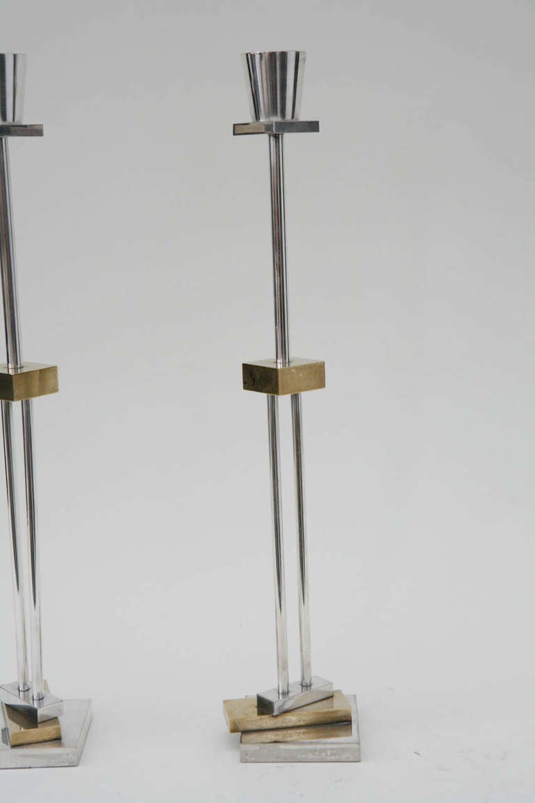 Italian Pair of Silver Plate & Brass Candlesticks by Ettore Sottsass for Swid Powell For Sale