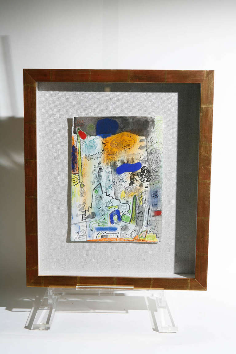 A beautifully rendered mixed media work by Ynez Johnston in a custom gilt wood shadow box frame and floating on a natural linen matt. Signed at the bottom right (see Image 5). Dimensions given below are for the framed piece. The artwork itself