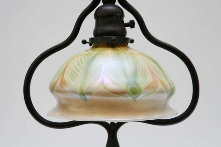 American Tiffany Studios Bronze Harp Lamp with Louis Comfort Tiffany Glass Shade