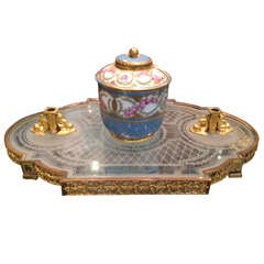 Fantastic 19thc. Sevres Style Inkwell on Etched Crystal Stand