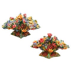Pair of French Glazed Ceramic Floral Jardinieres