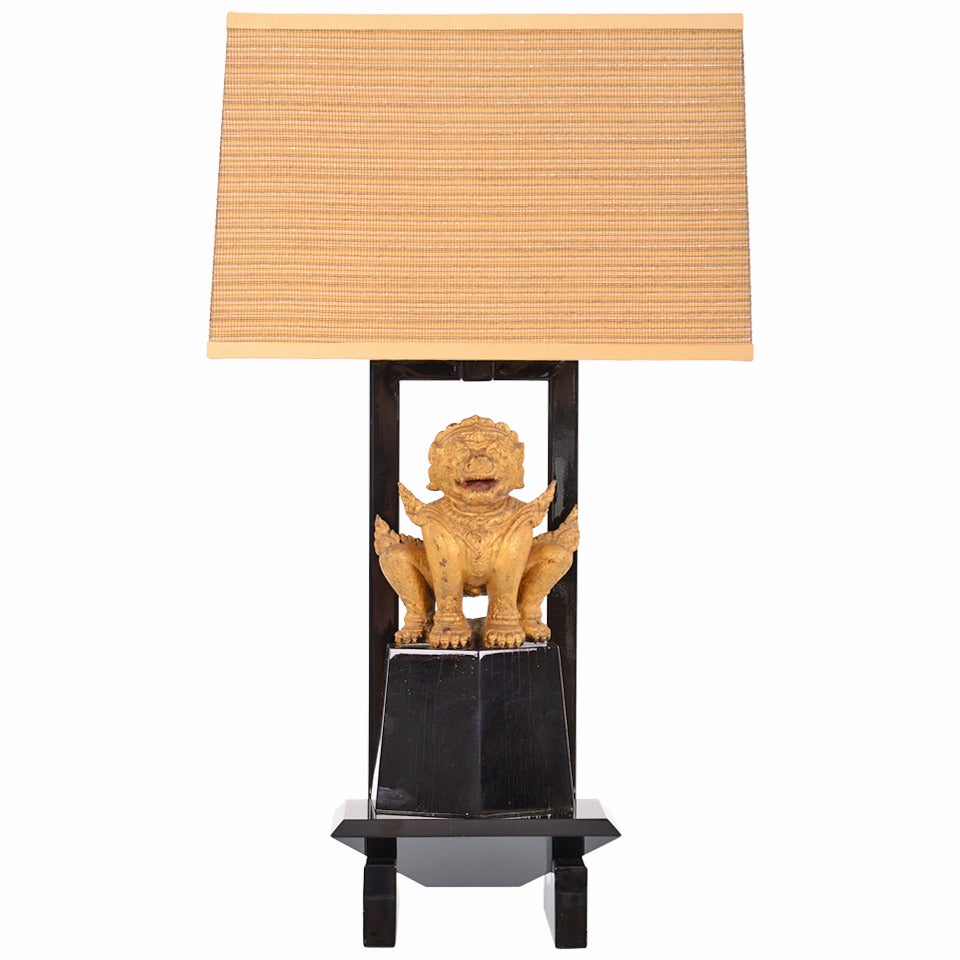 Lacquered Table Lamp Featuring Gilt Temple Dog by William Haines