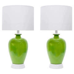 Pair of Large Scale Green Ceramic Table Lamps