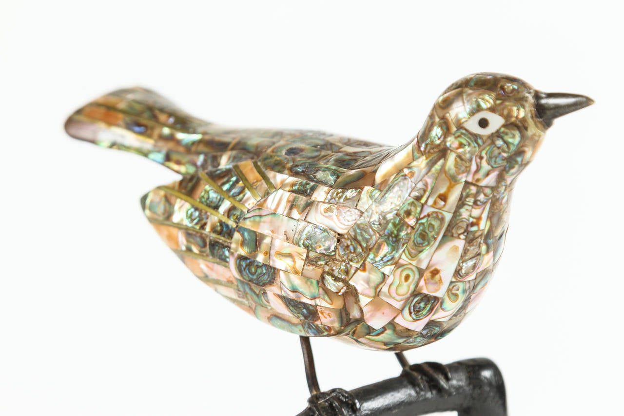 Lacquered Abalone Shell Bird on Branch by Los Castillo