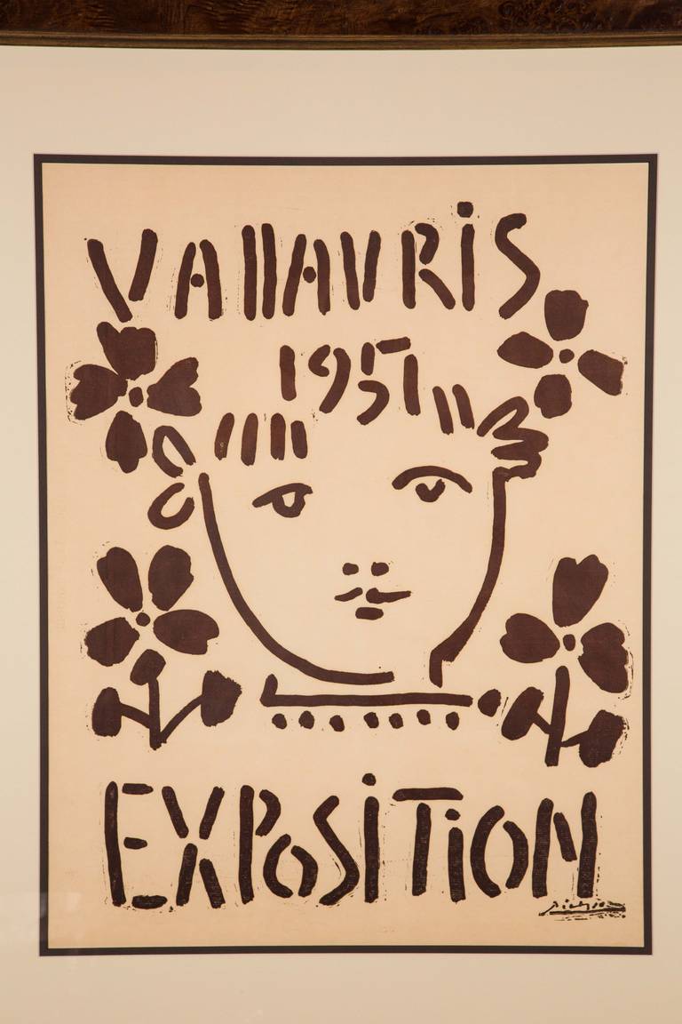 A charming linocut in brown, on watermarked Registres-Torpes paper, by Pablo Picasso, for the Vallauris 1951 Exposition. This edition was unsigned, except as in the linocut, printed by Hildago Arnéra, Vallauris and published by the Association des