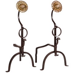 Pair of Arts & Crafts Sunflower Andirons