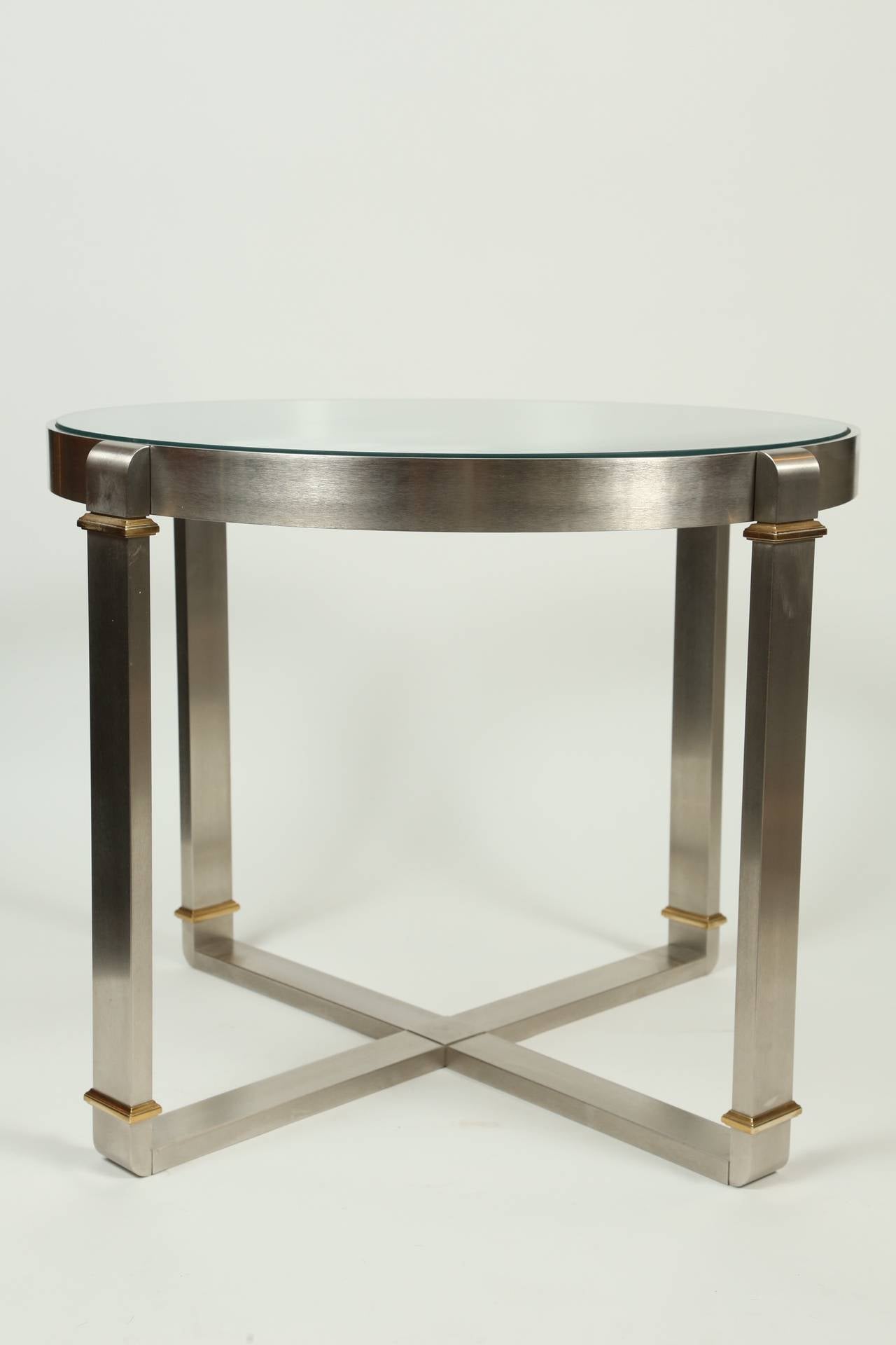 Pair of Brushed Stainless Steel and Brass Side Tables at 1stdibs