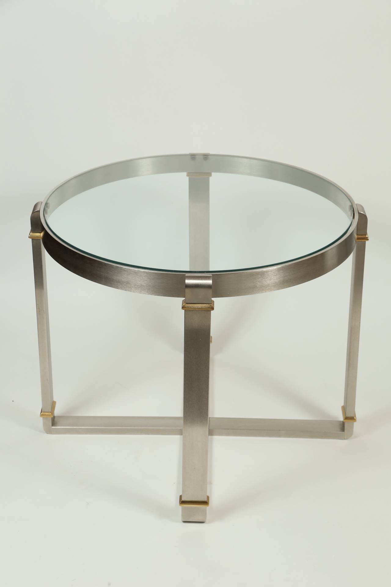 Pair of Brushed Stainless Steel and Brass Side Tables at 1stdibs