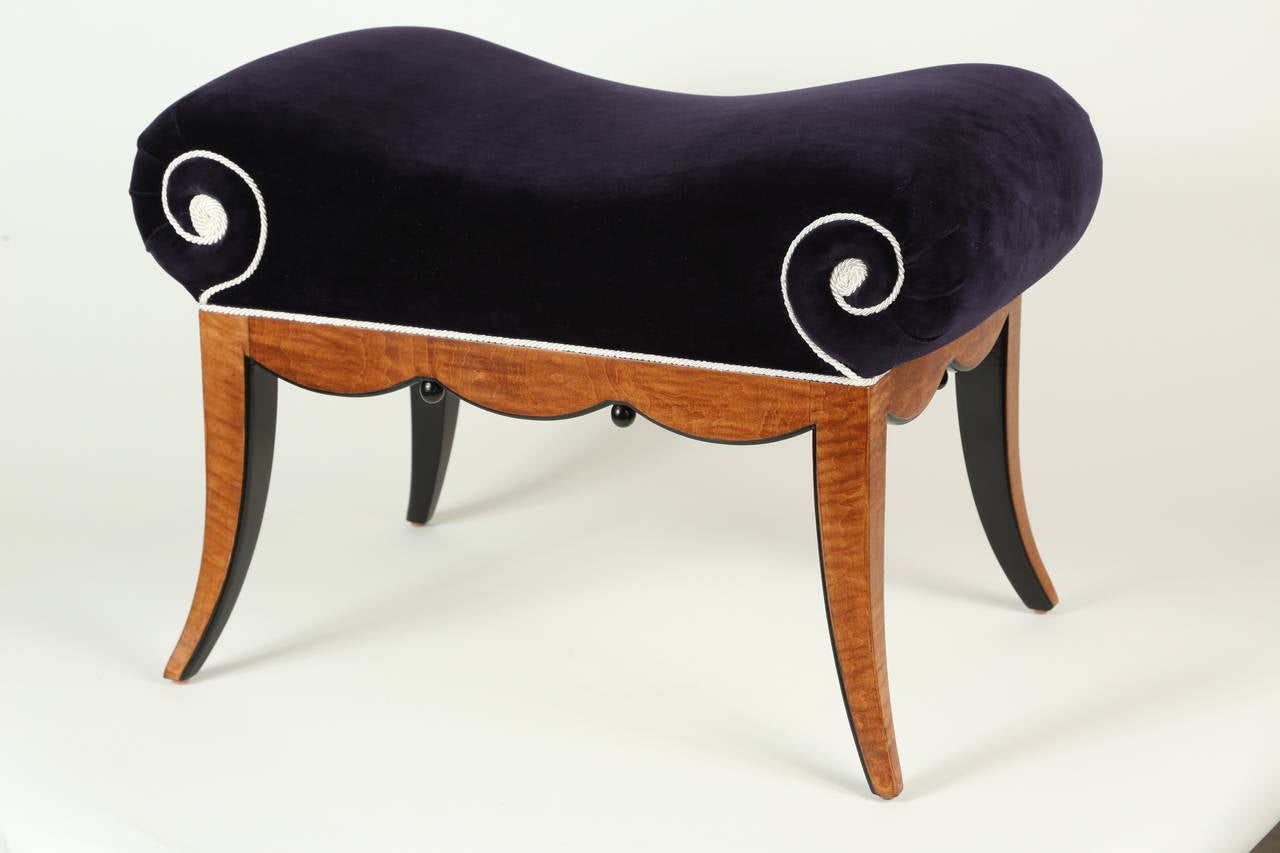 Velvet Upholstered Biedermeier Bench In Excellent Condition In Palm Desert, CA