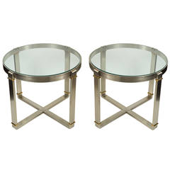 Pair of Brushed Stainless Steel and Brass Side Tables
