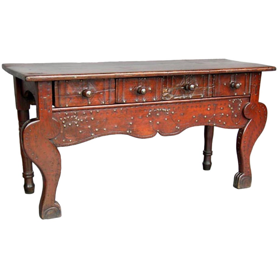 19th Century Lion Foot Carved Nahuala Table with Studs, Carvings and  Drawers