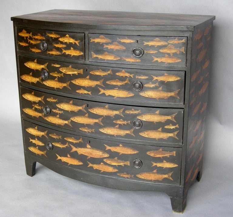 19th c. English Hepplewhite chest of drawers with contemporary fish decoupage on black background. Oak wood, dove tail construction. Drawers work well. 
